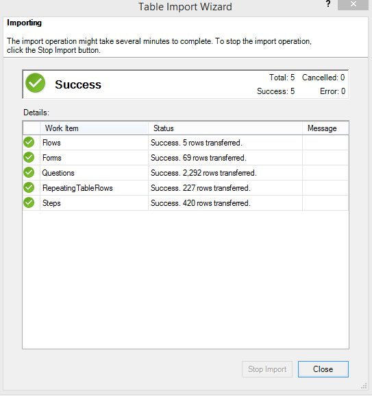 Table import wizard status for each source table