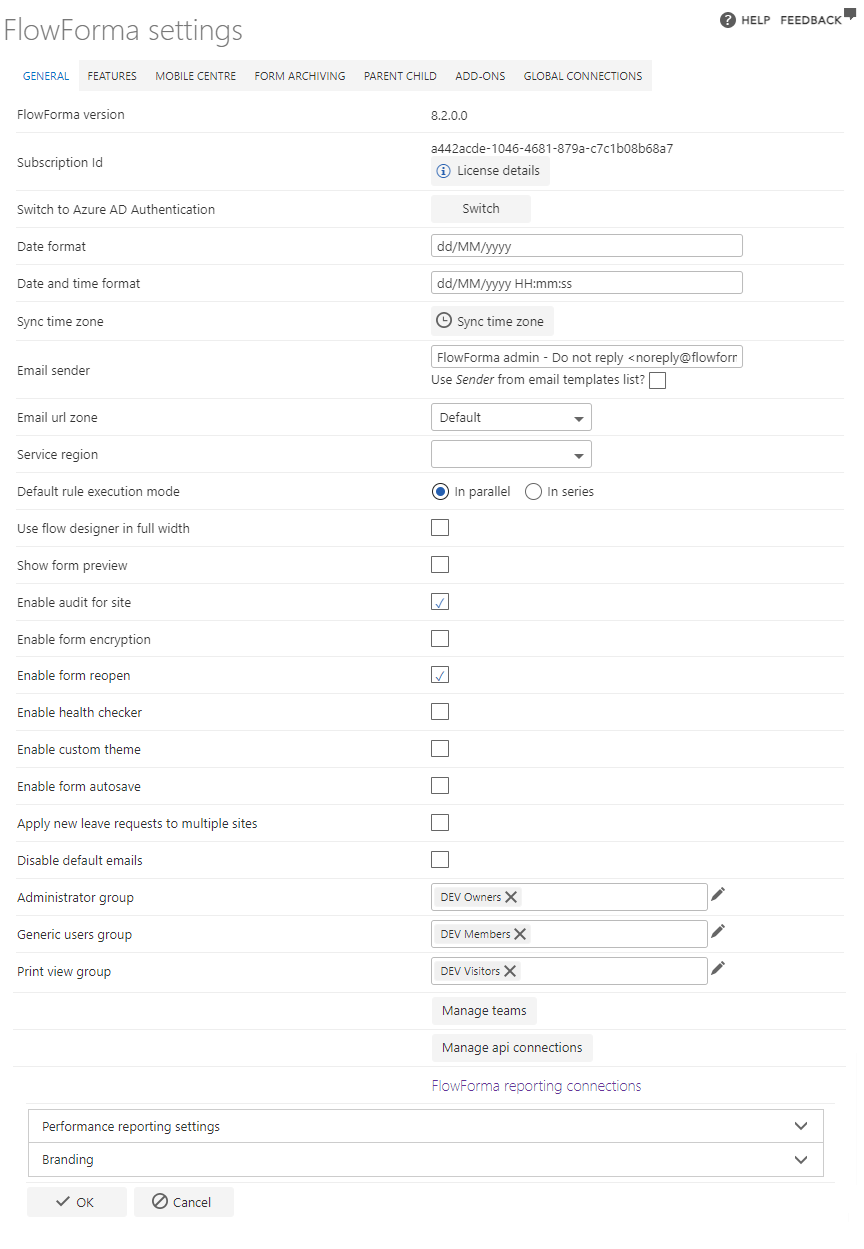 FlowForma General settings tab