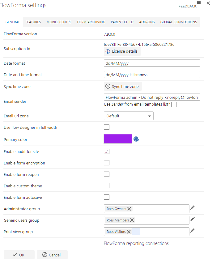 FlowForma settings audit option
