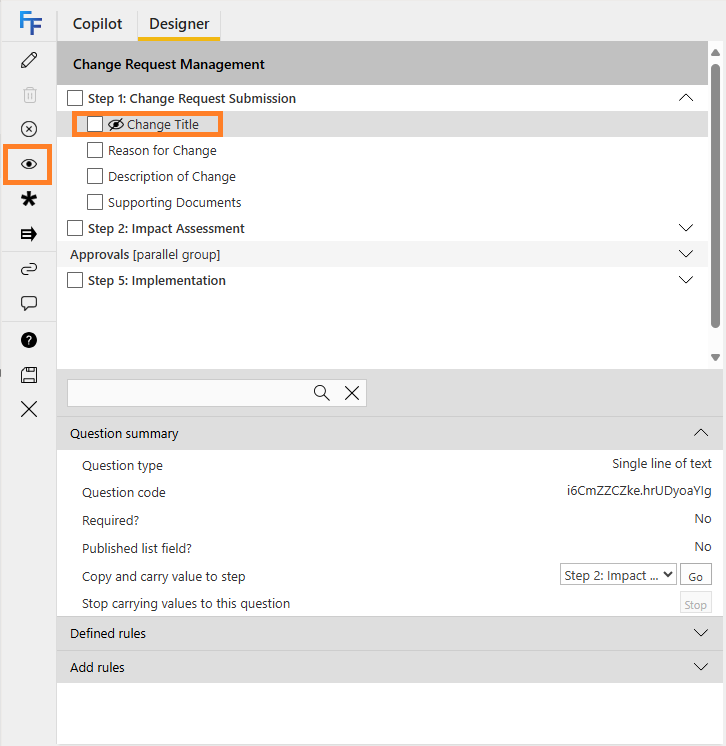 Questions list showing a hidden question