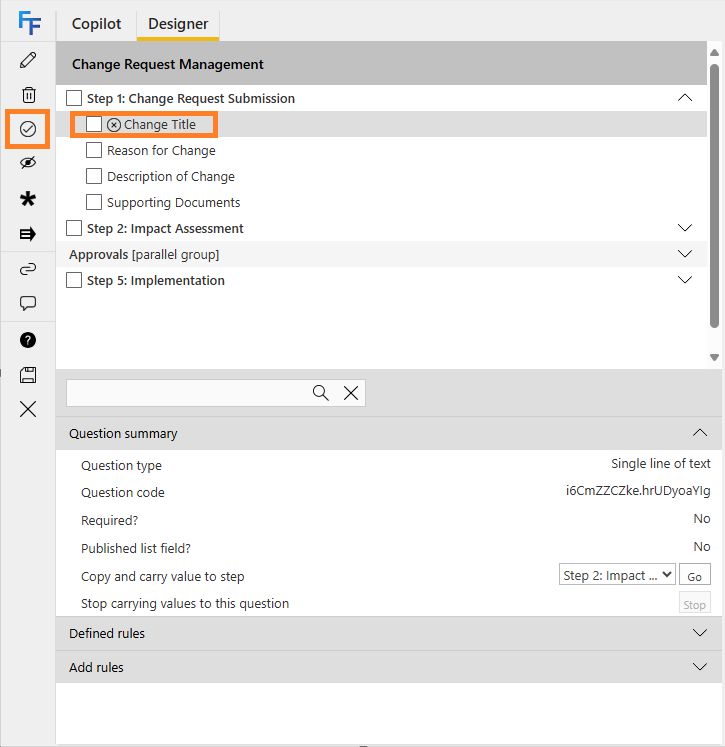 Questions list showing the enable/disable control