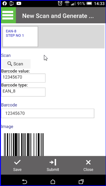 Populated barcode value and type