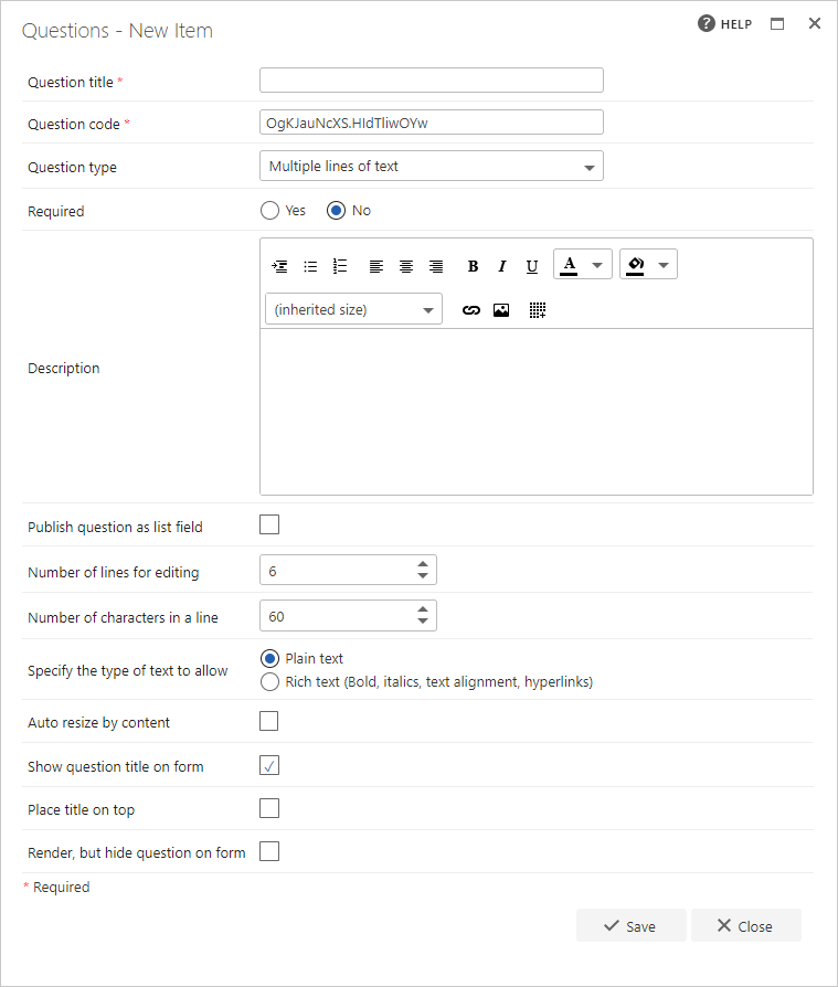 Multiple lines of text question settings
