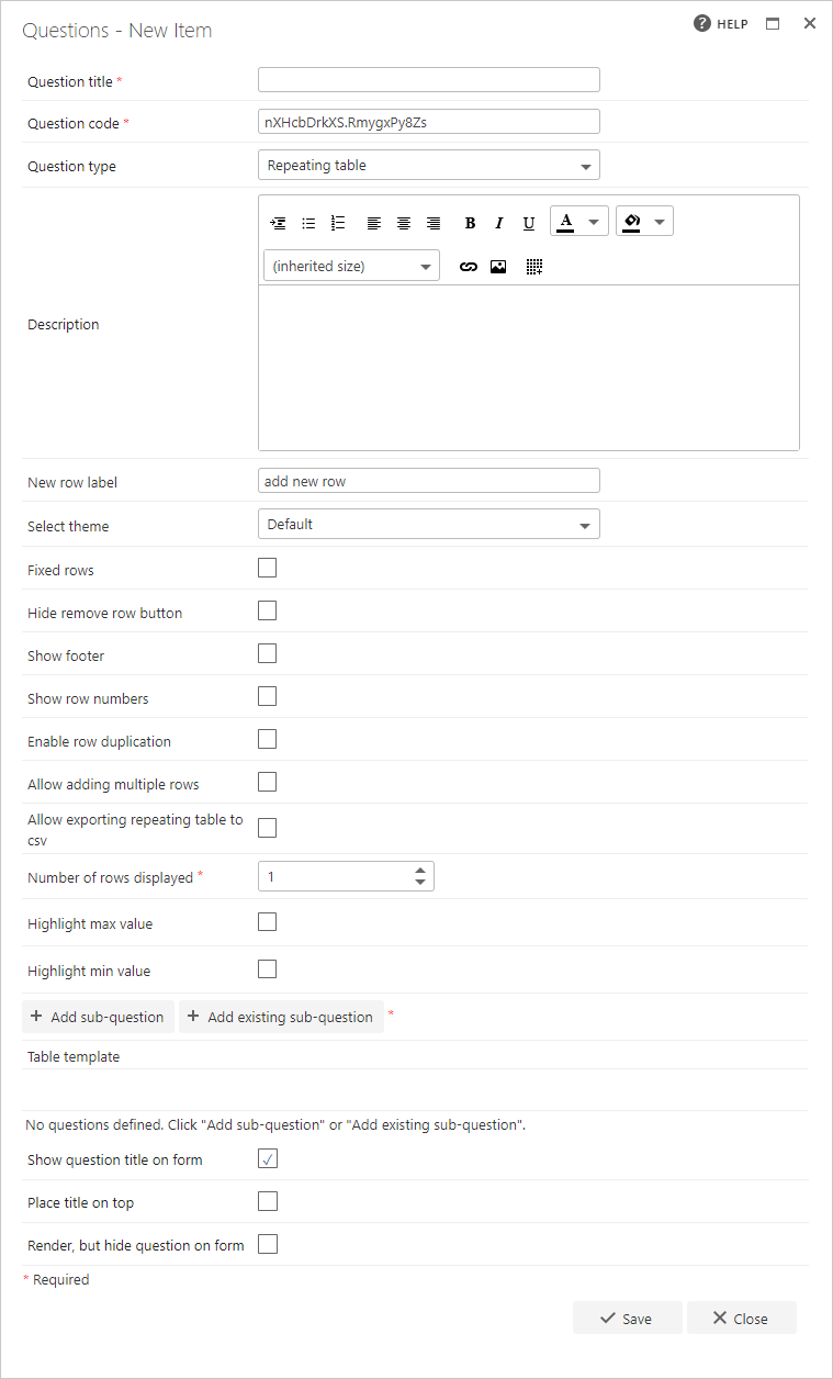 Repeating table question editor