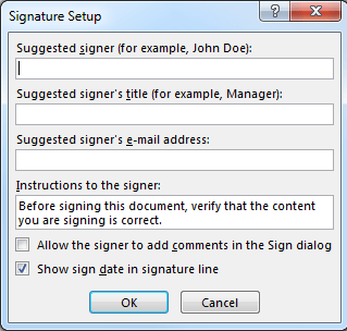 Signature setup dialog box