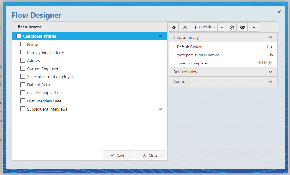 Candidate profile step with applicant detail questions
