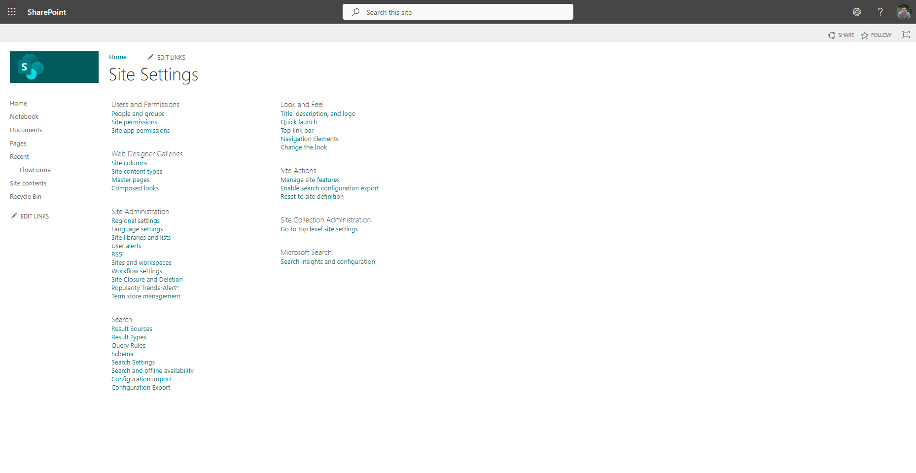 Site settings page