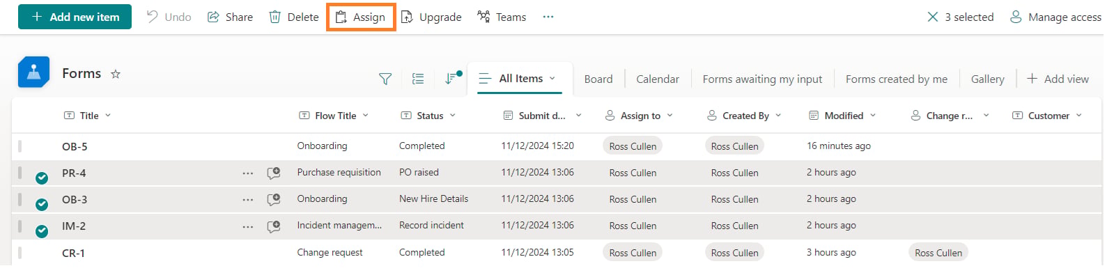 All forms list with the Assign option in the ribbon