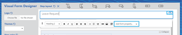 Header editing toolbar with add form property option