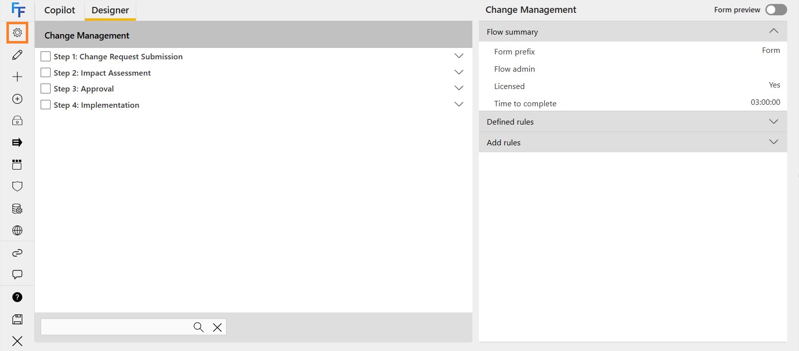 Flow settings cog in the toolbar