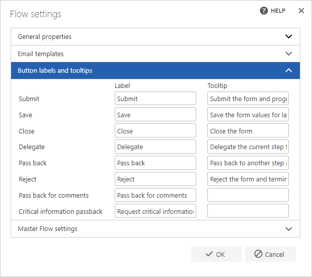 Button labels and tooltips settings