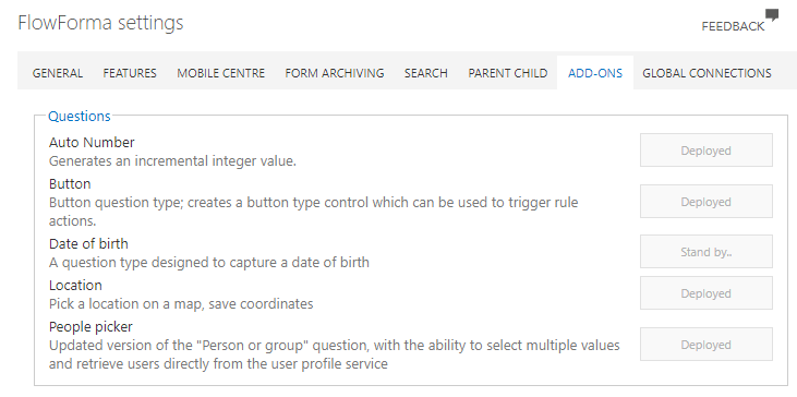 The Add-ons section in FlowForma settings