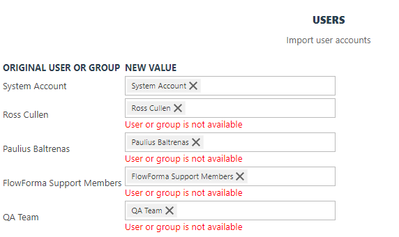 The Users section mapping each original user or group to a new value