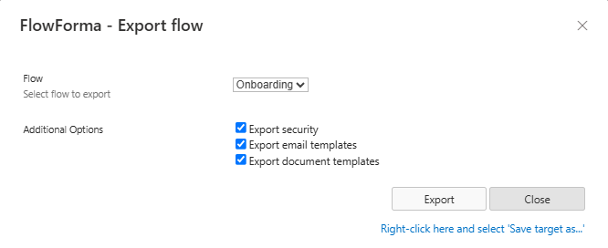 The Export flow dialog after clicking Export, showing the right-click download link