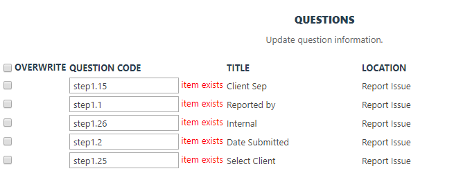 The Questions section listing question codes, titles, and locations with an Overwrite checkbox against each conflict