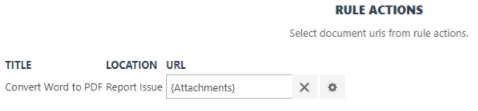 The Rule Actions table showing a Convert Word to PDF rule with an editable document URL