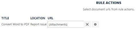The Rule Actions table showing a Convert Word to PDF rule with an editable document URL