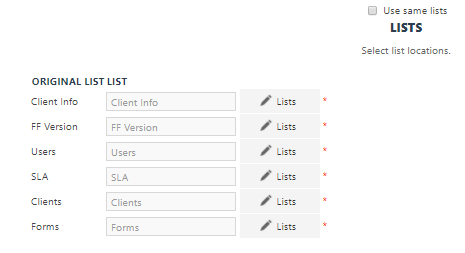 The Lists section mapping each original list to a list on the target site