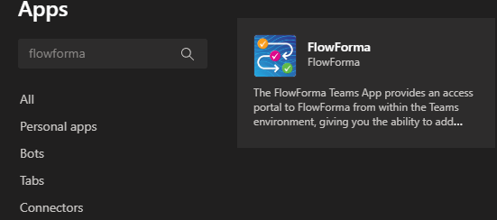 Searching for FlowForma in the Teams App Store