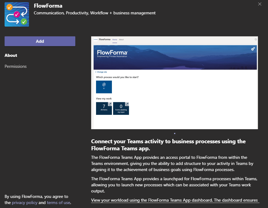 FlowForma app page with Add option