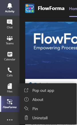 FlowForma icon pinned on the Teams left hand side menu