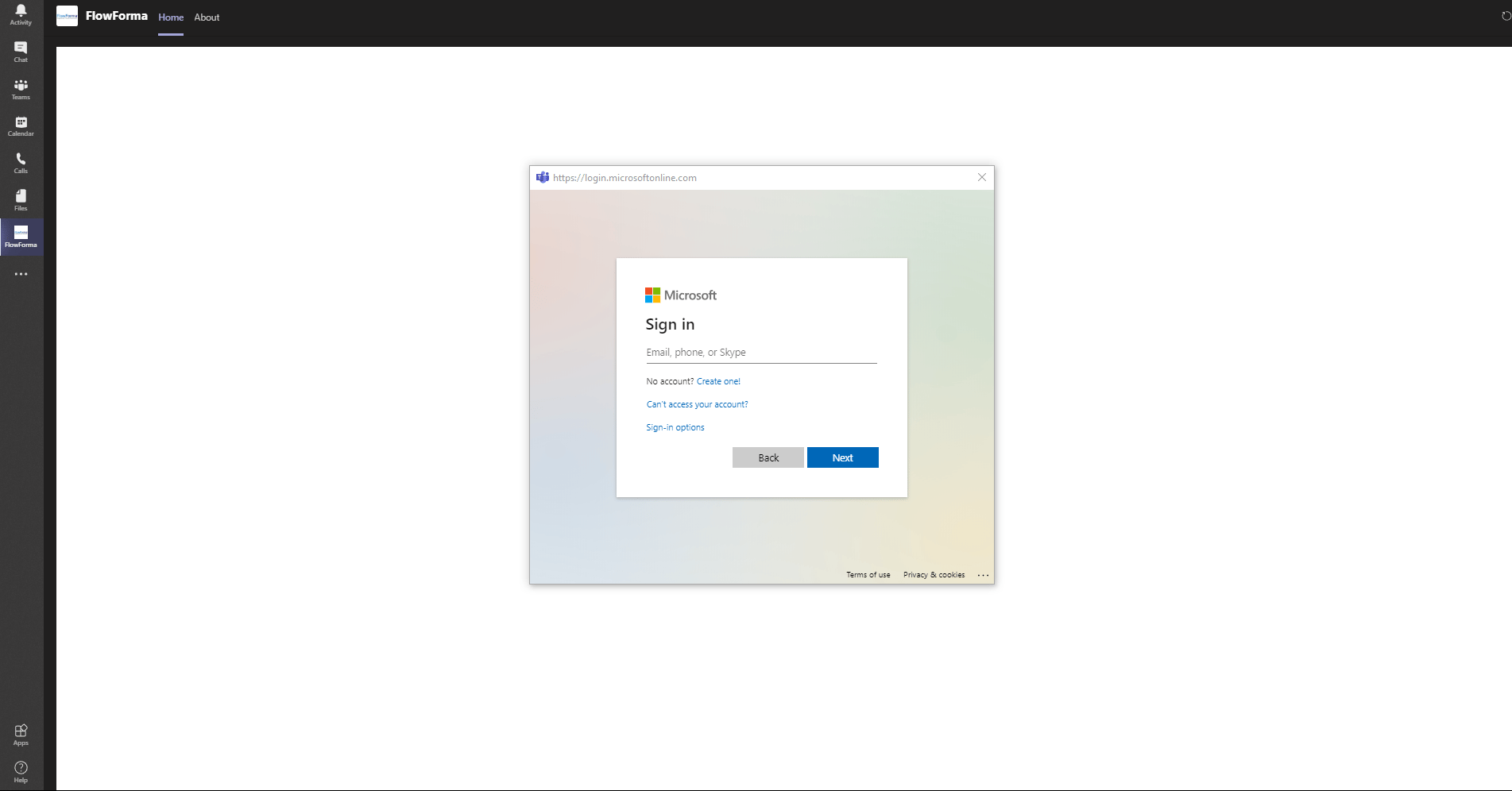 FlowForma Teams app sign in screen