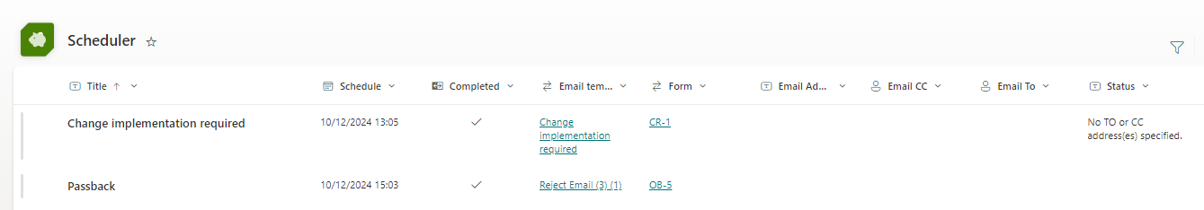 Scheduler email status list