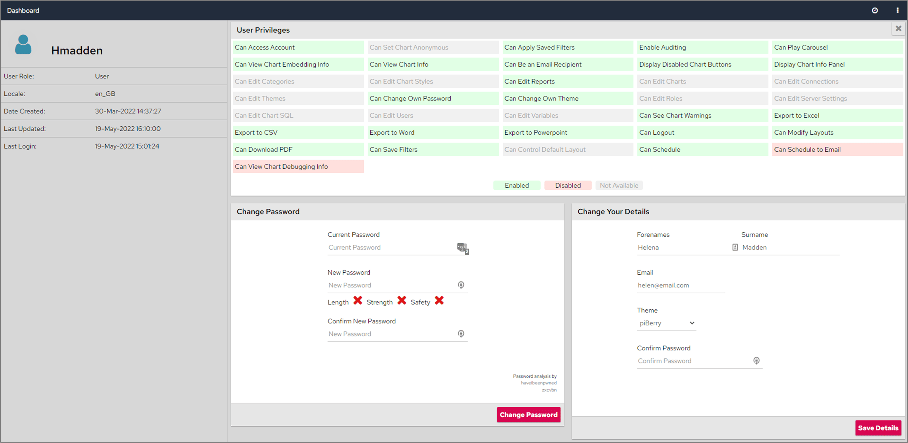 User privileges screen