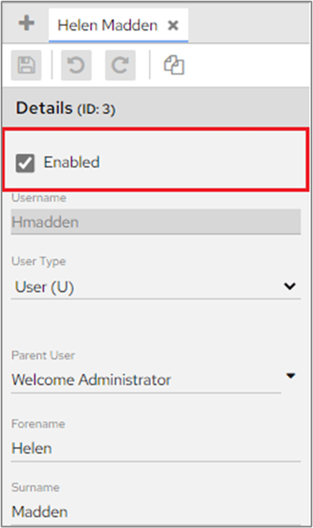 User account settings with the Enabled checkbox