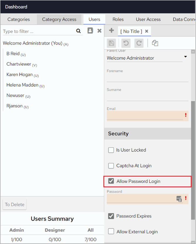 Allow Password Login option in user configuration