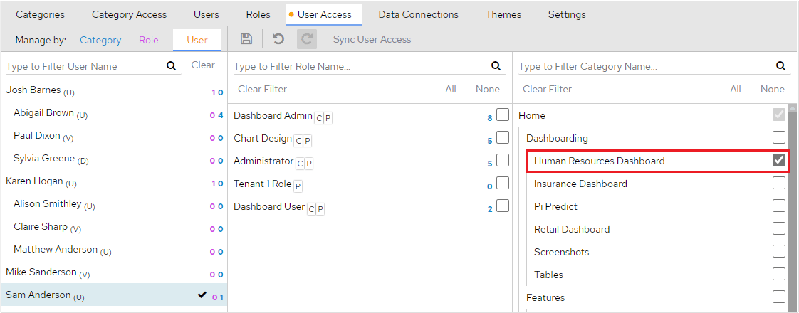 Assigning categories to a user by ticking each category