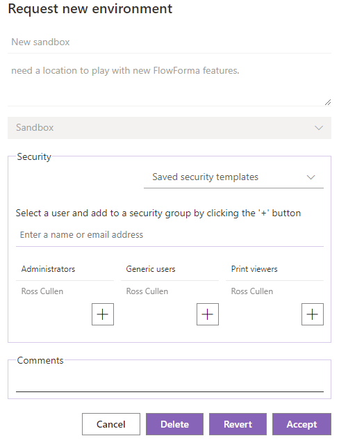An opened environment request showing its details and actions