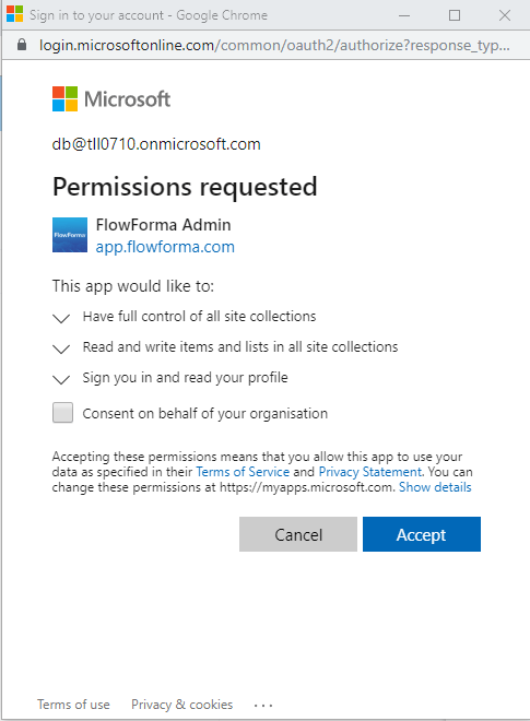 Microsoft consent screen with the 'Consent on behalf of your organization' checkbox