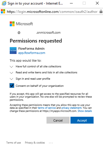 Consent screen reached by editing the Governance web part