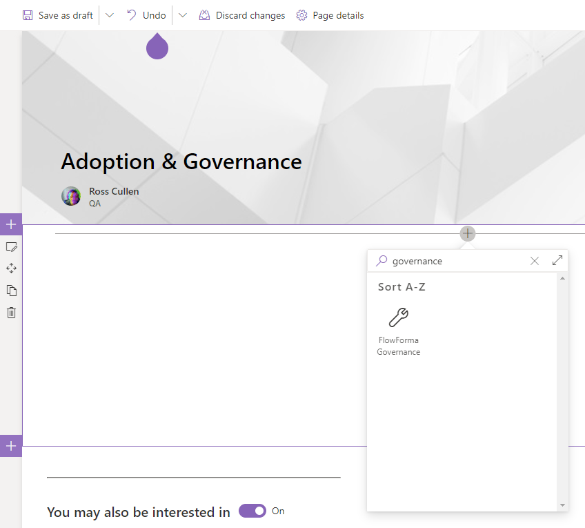 Adding the FlowForma Governance web part to the page