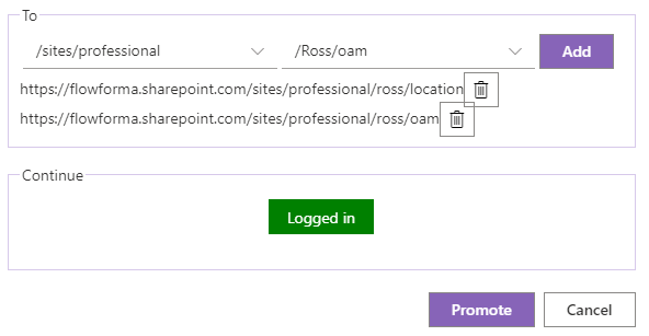 Selecting target sites and signing in to complete the bulk promotion