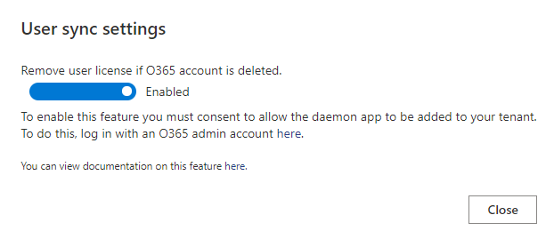 User Sync settings dialogue