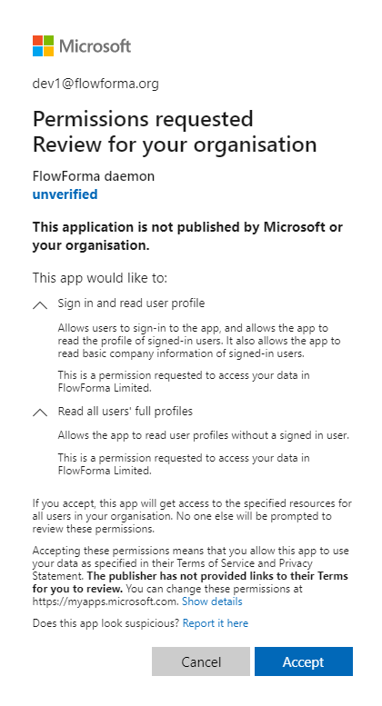 Signing in as an O365 admin to grant the daemon app permissions