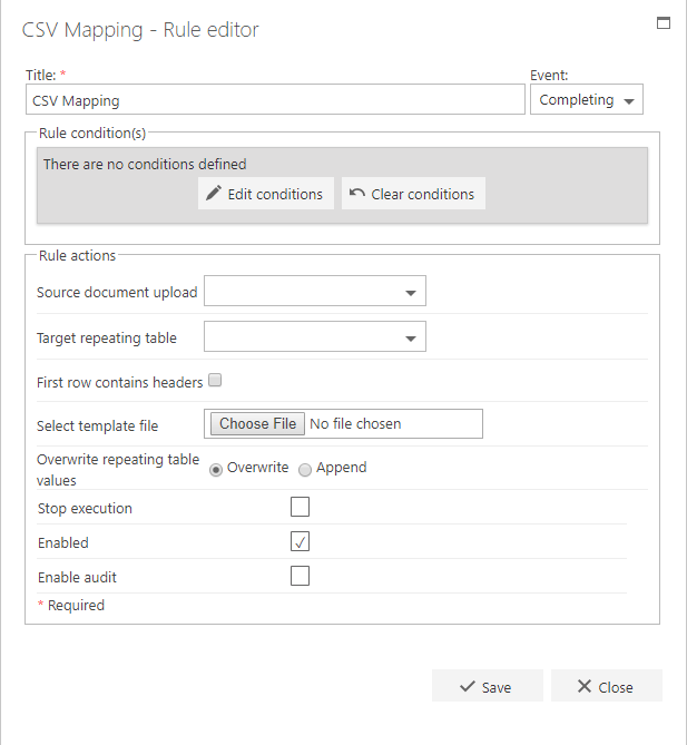 CSV Mapping rule configuration