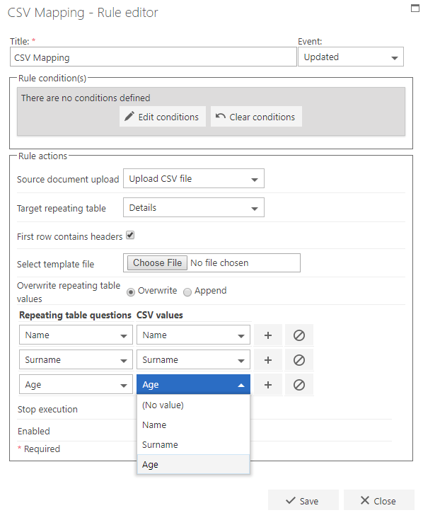 Mapping with template column headings