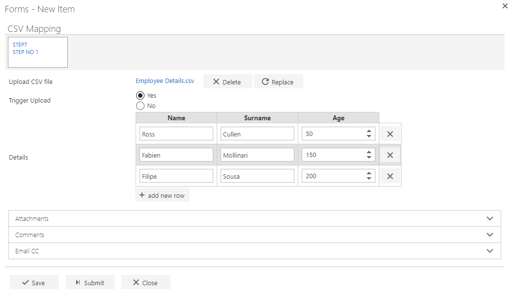 CSV content mapped to a repeating table