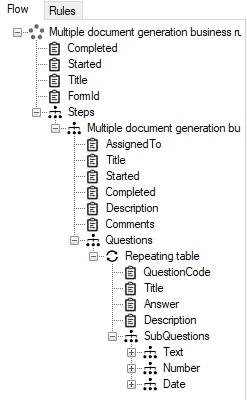 Panel showing flow properties, steps and questions