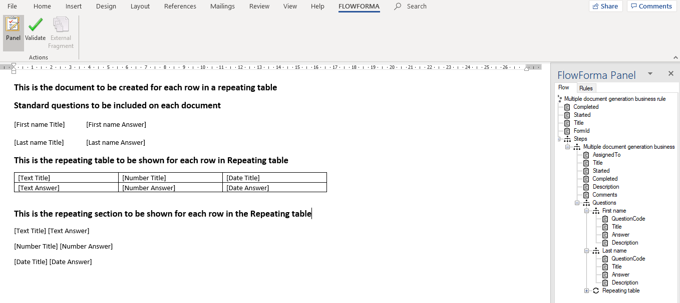 Repeating Table or Repeating Section added to the document