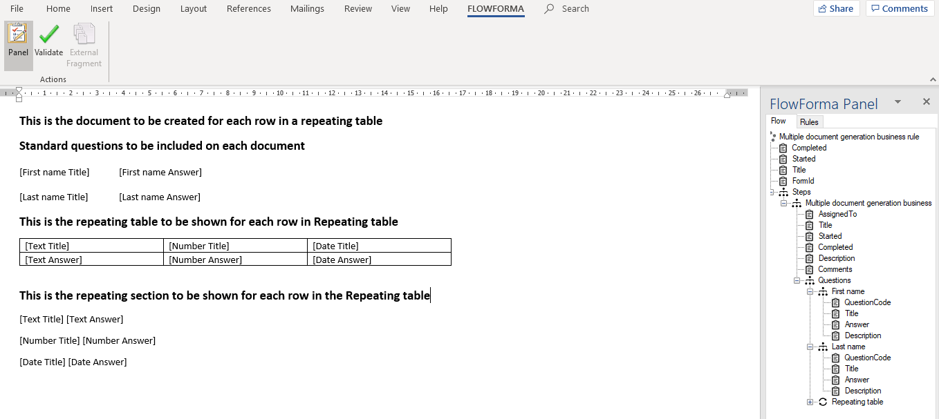 Repeating Table or Repeating Section added to the document
