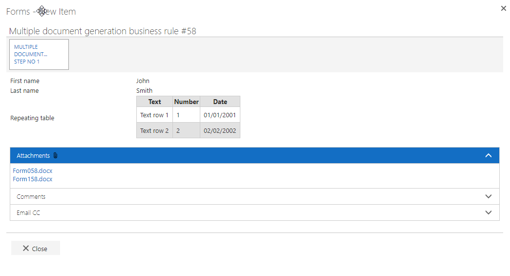 Form after submission with generated documents