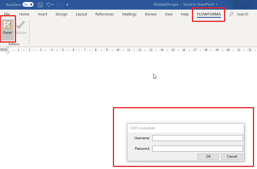 Enter your credentials in the FlowForma panel