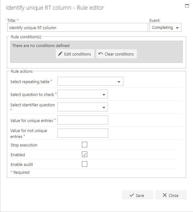 Repeating table identify unique RT column rule configuration