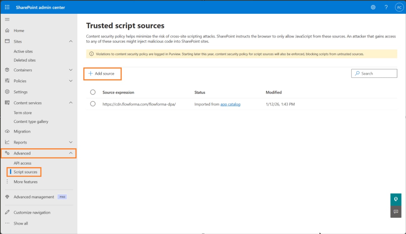 SharePoint Admin Center script sources settings