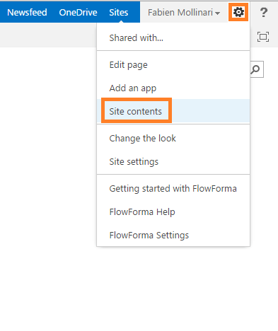 Site contents from the site actions menu
