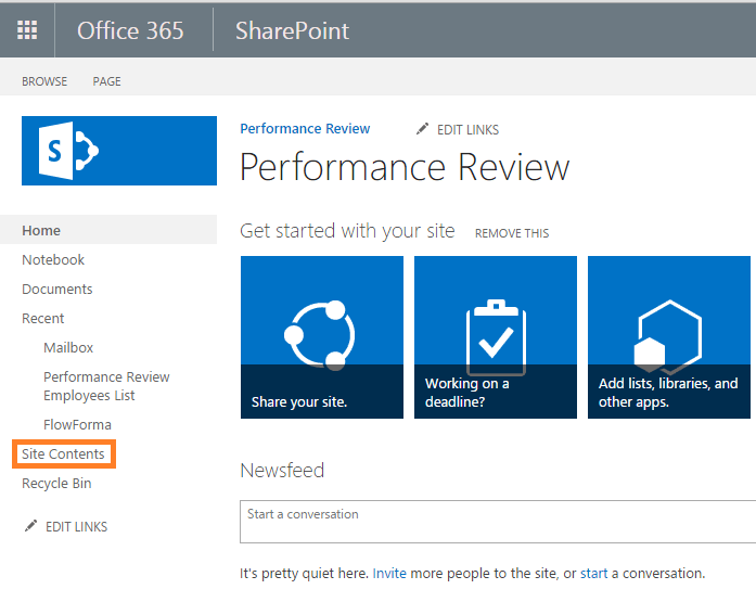 Site contents in Office 365